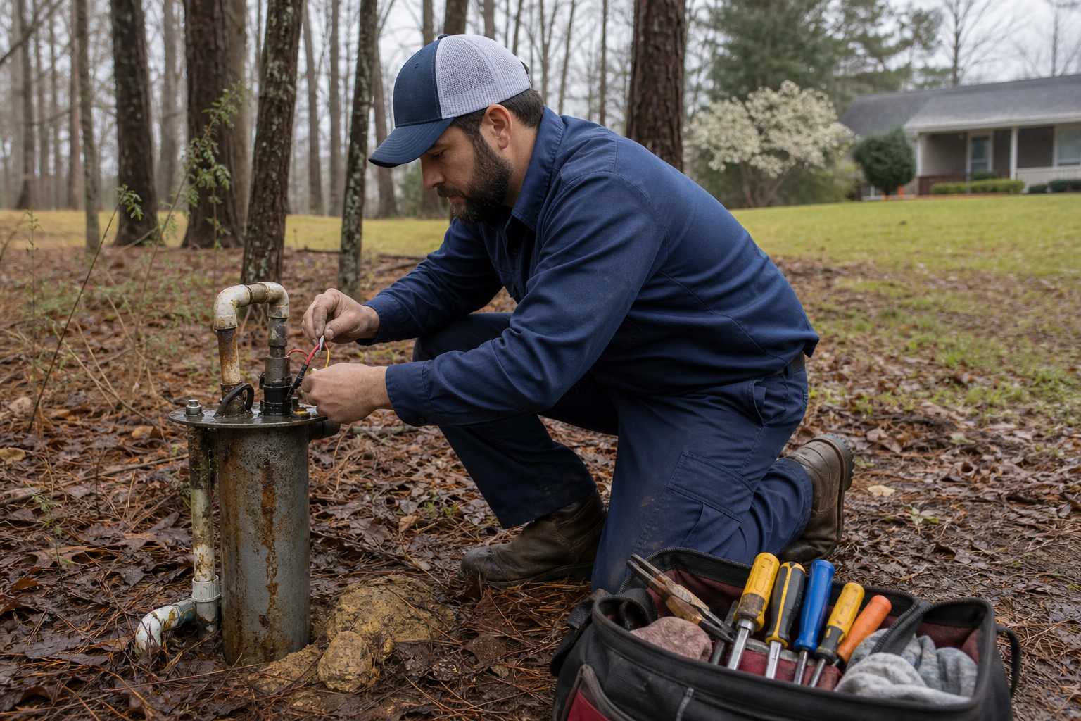 Well pump repair technician at rural property in Western North Carolina